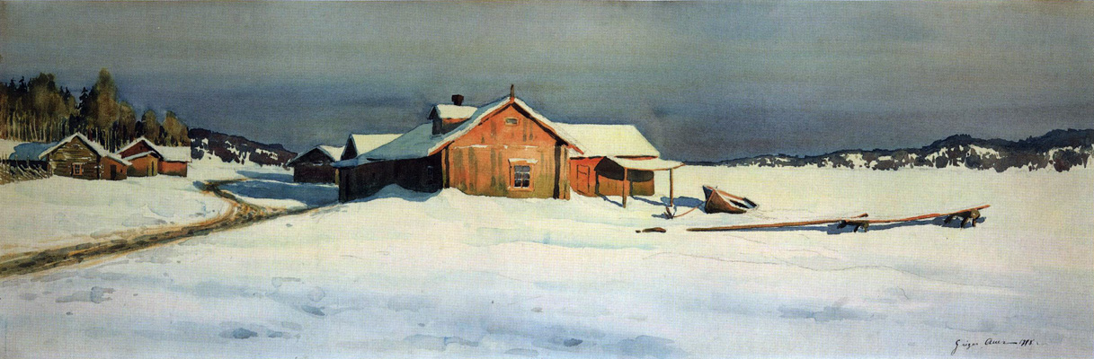 1908. Pitkärannan Rannankylä talvella