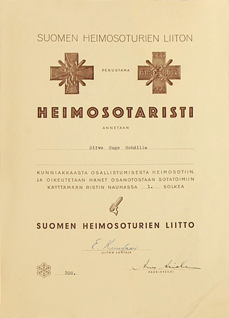 1938. The certificate of the award of the Kinship Wars Commemorative Cross