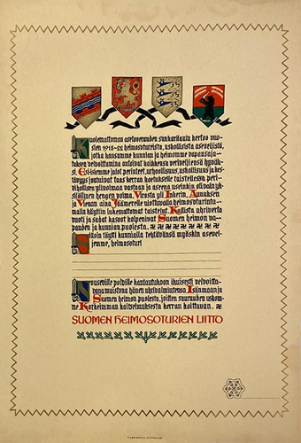 Certificate of the Finnish Union of the Kinship Warriors in memory of fell warrior
