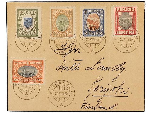1920. Kirjekuori Pohjois-Inkerin postimerkeillä ja Kirjasalon postileimoilla