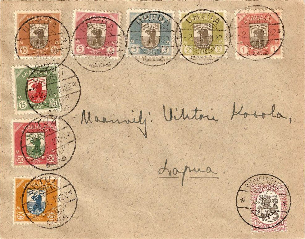 1922 год. Письмо с почтовыми марками Карелии и Финляндии и со штемпелями Ухты и Суомуссалми