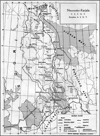 1935. Karjalan Autonominen Sosialistinen Neuvostotasavallan kartta