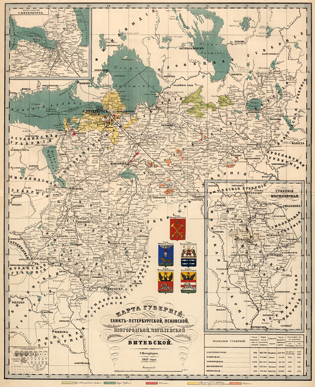 1857. Pietarin, Pihkovan, Novgorodin, Mogiljovin ja Vitebskin läänien kartta