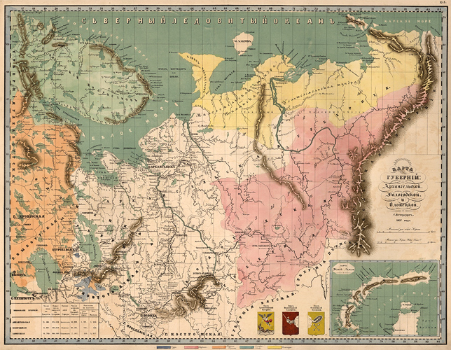 1857. Map of the Gubernias: Arkhangelsk, Vologda and Olonets