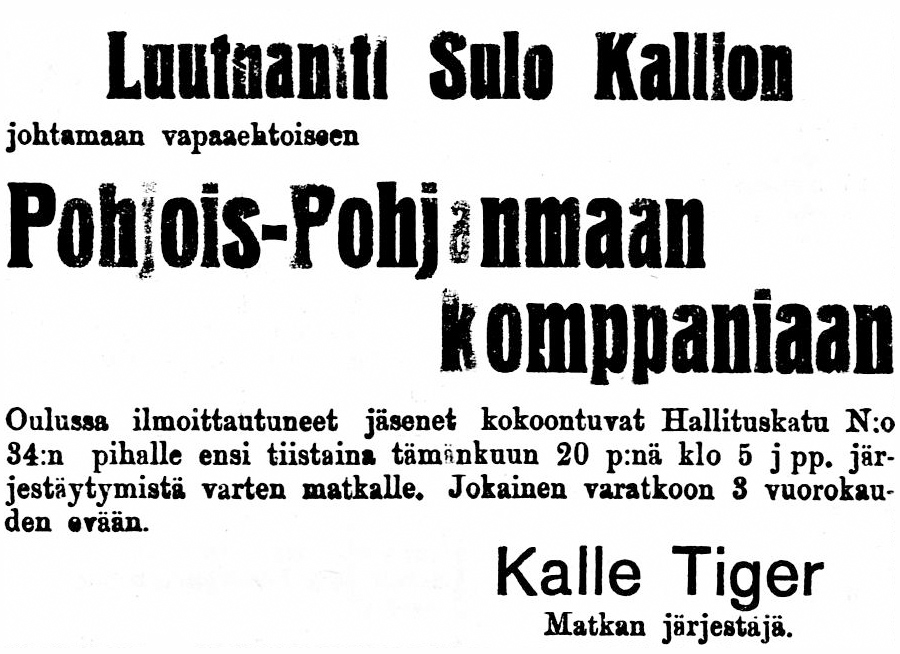 17. toukokuuta 1919. Luutnantti Sulo Kallion joutamaan vapaaehtoisen Pohjois-Pohjanmaan komppaniaan…