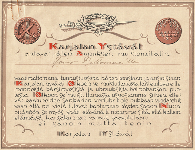 Mid 1920's. The certificate of the award of the Olonets Commemorative Medal