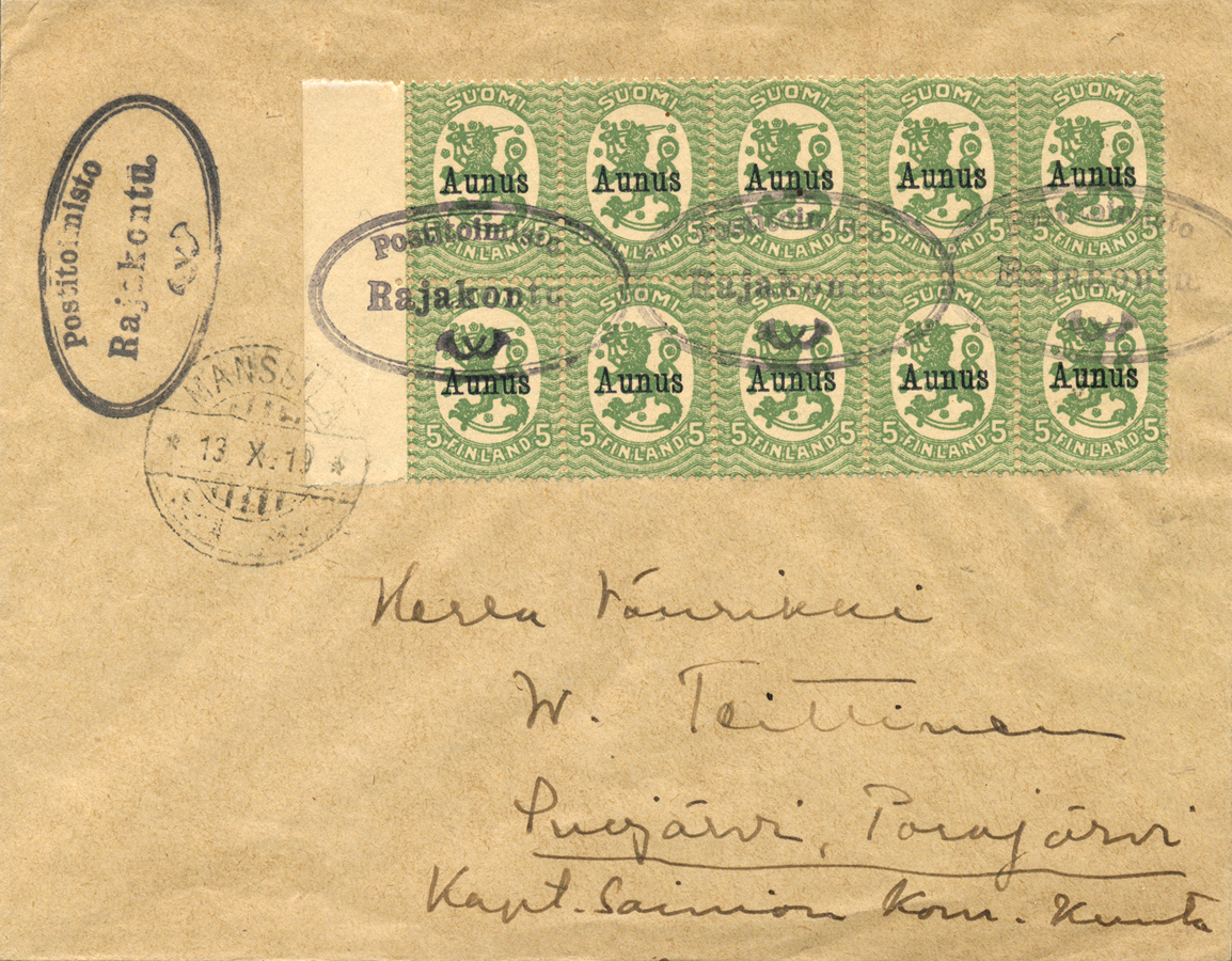 1919. Kirjekuori Aunuksen postimerkeillä ja Rajakonnun postileimalla