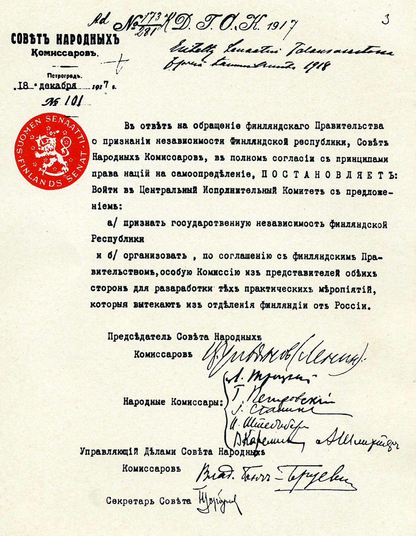 December 31, 1917. The decree of the Council of the People's Commissars on the Republic of Finland
