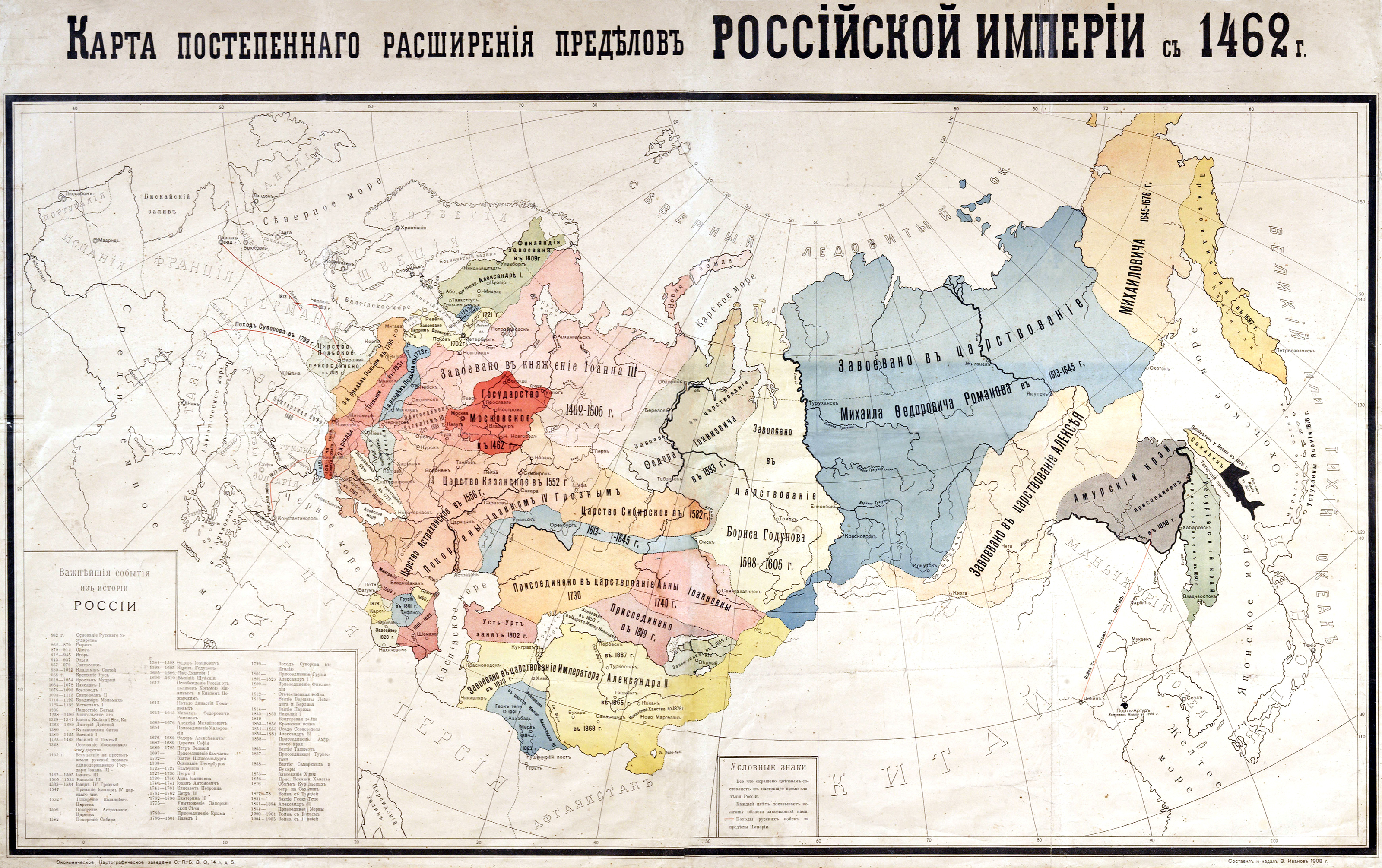 1908. Map of the gradual expansion of the borders of the Russian Empire since 1462
