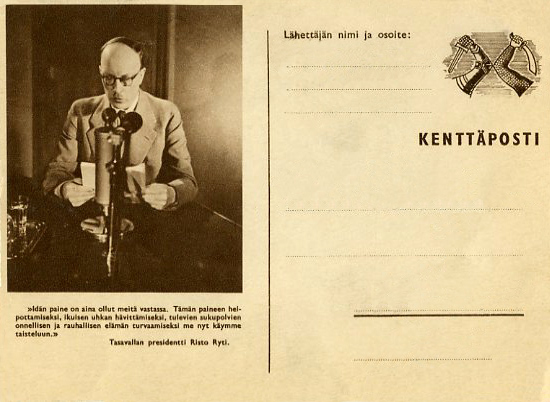 1941. President of Finland Risto Ryti speaking on radio at June 26, 1941. Field Post Card