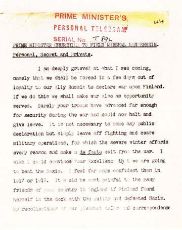 Телеграмма премьер-министра Черчилля фельдмаршалу Маннергейму