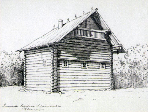 1927. Suojärvi. House heated by a chimneyless stove in Leppäniemi Village